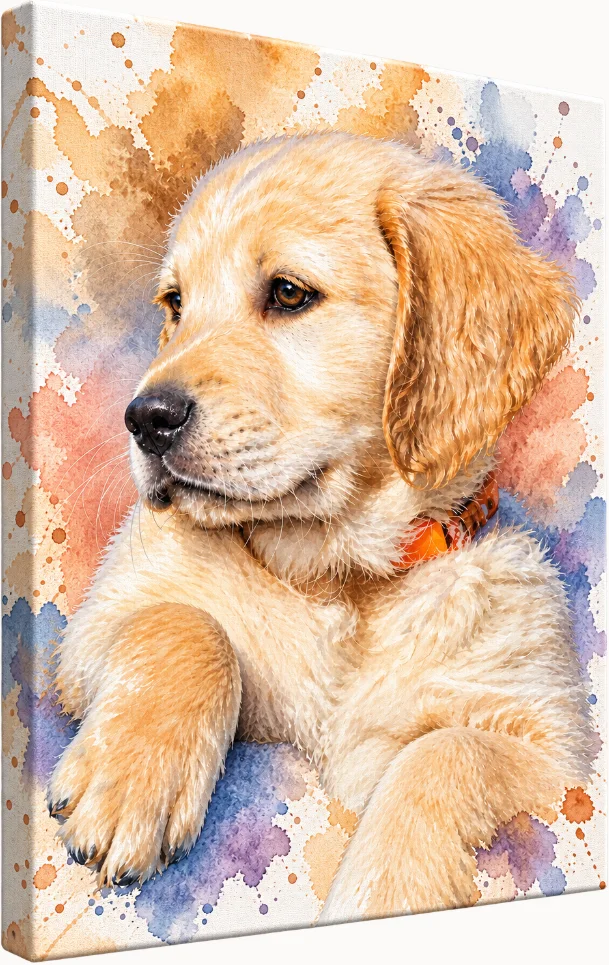 A personalised pet canvas displayed in a home