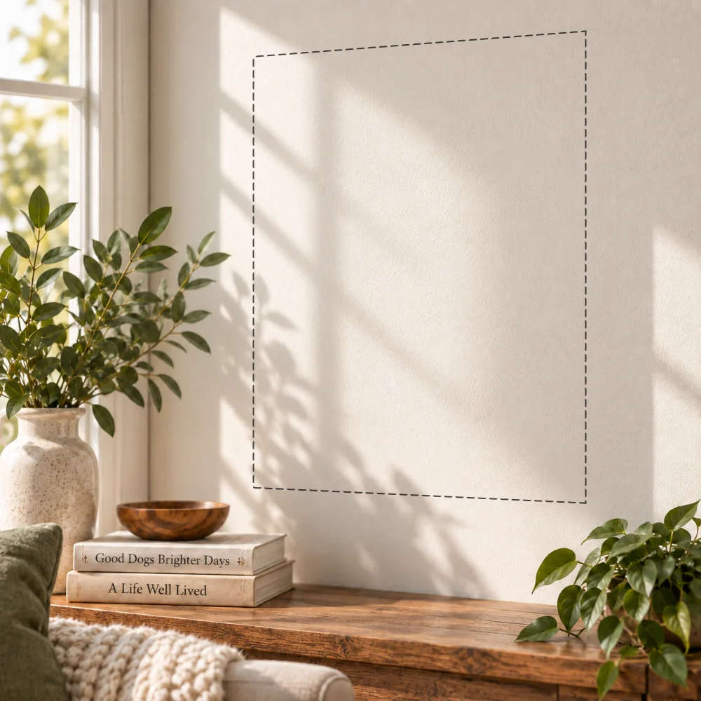 A blank canvas position above a bench in a bright home