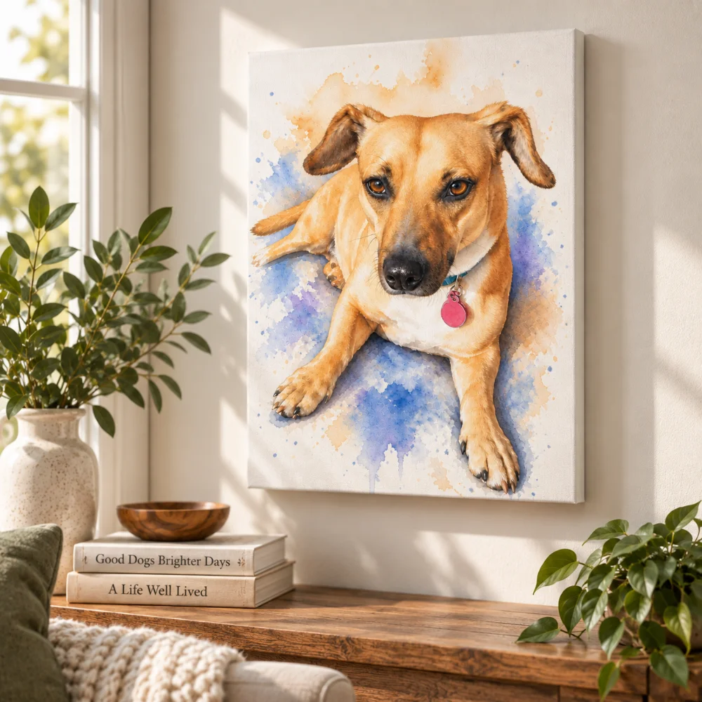 A finished pet portrait displayed on a wall